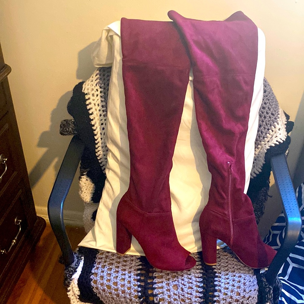 Burgundy thigh high open toe Charlotte Russ boots.